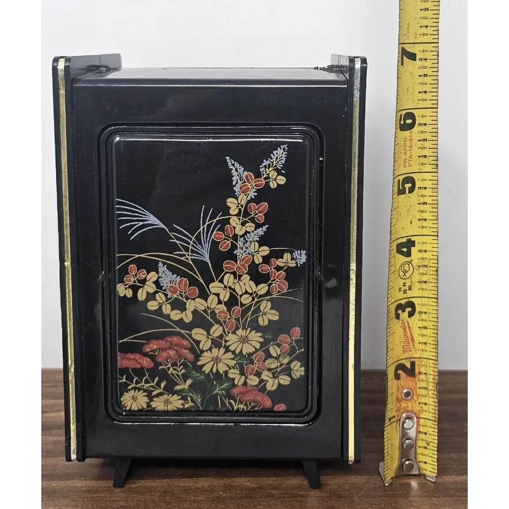 Vintage Hong Kong Black Vanity Jewelry Trinket Box Flip Rotating Mirror Floral